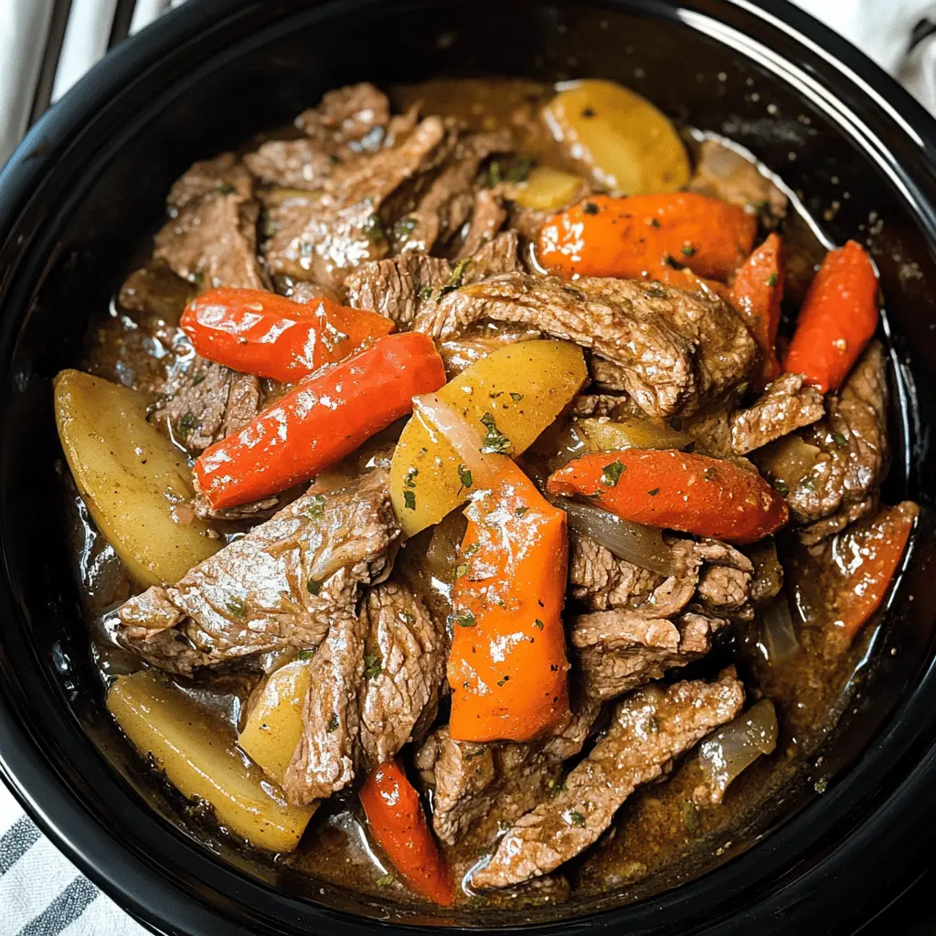 Juicy pepper steak made right in your Crock Pot is the perfect weeknight dinner! This hearty dish features tender beef simmered with colorful bell peppers and a rich sauce, making it a favorite for busy families. Save this recipe for a delicious meal any night of the week or for your next family gathering! Enjoy over rice or noodles for a complete meal!