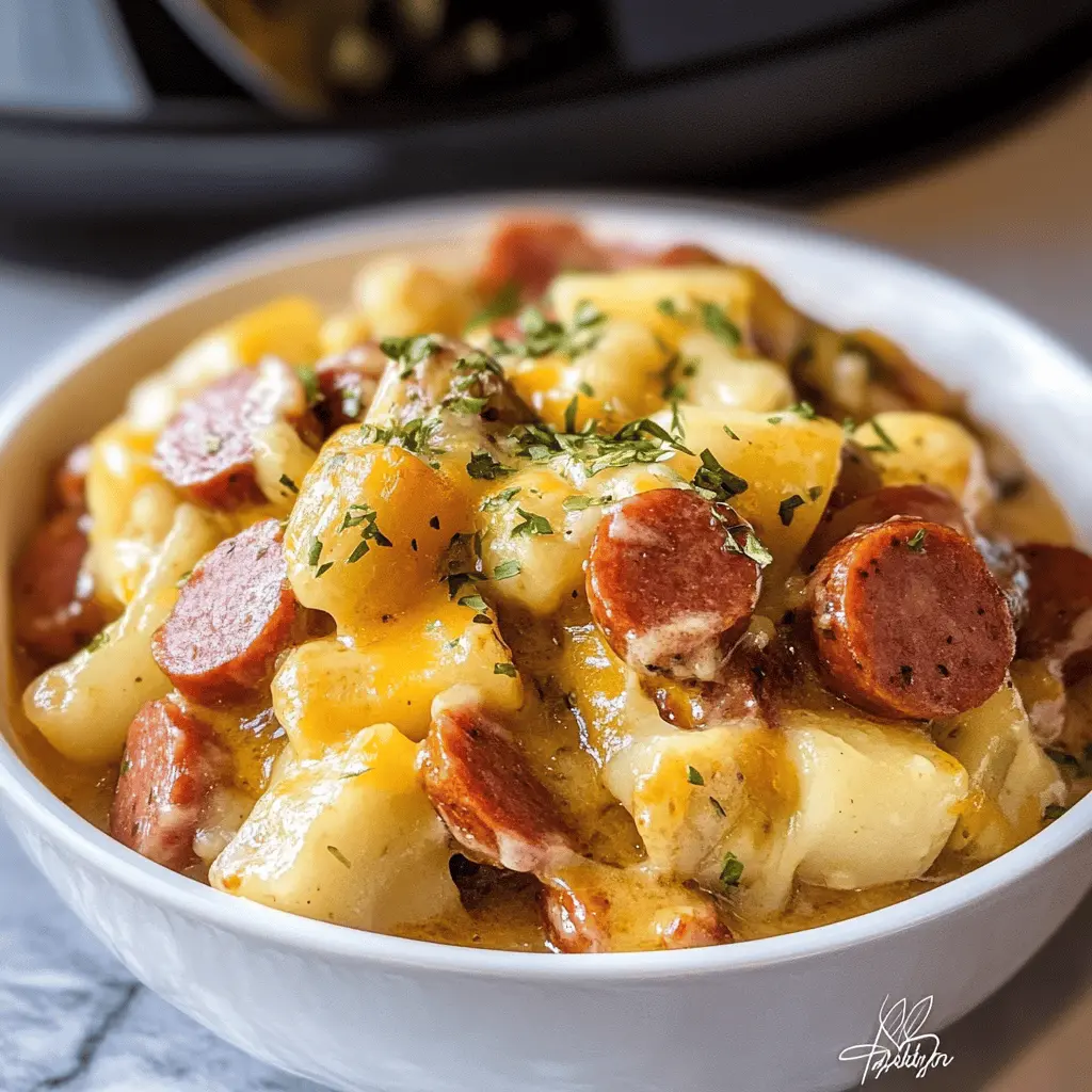 This Crockpot Cheesy Kielbasa Meal is a crowd-pleaser with its rich flavors and creamy texture! Packed with tender kielbasa, melted cheese, and hearty veggies, it's perfect for busy nights. Simply toss the ingredients in your slow cooker and let it do the work! Save this comforting recipe for family dinners or game day gatherings!