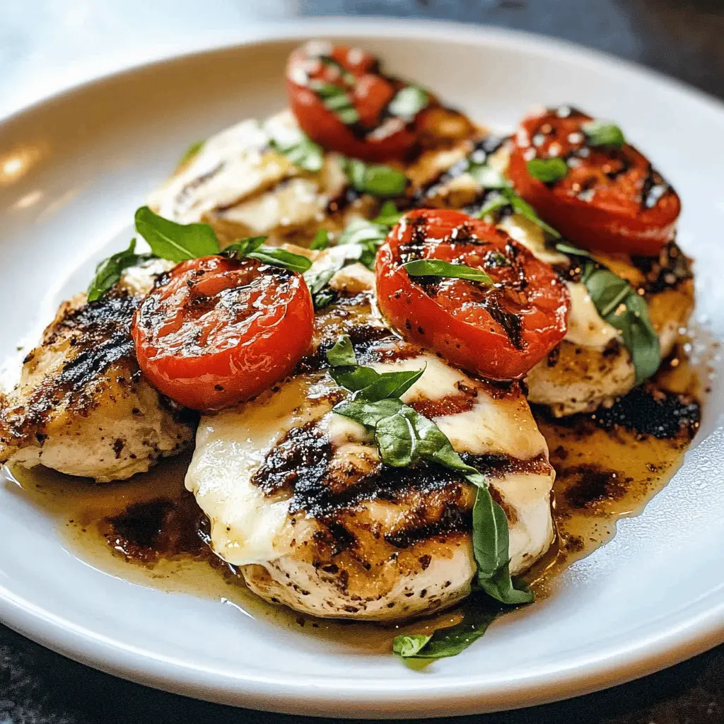 Juicy grilled chicken topped with fresh mozzarella, ripe tomatoes, and aromatic basil creates a classic Caprese experience. This simple yet flavorful dish is perfect for summer cookouts or a quick weeknight dinner. Save this recipe to treat your family and friends to a delightful meal they'll love!
