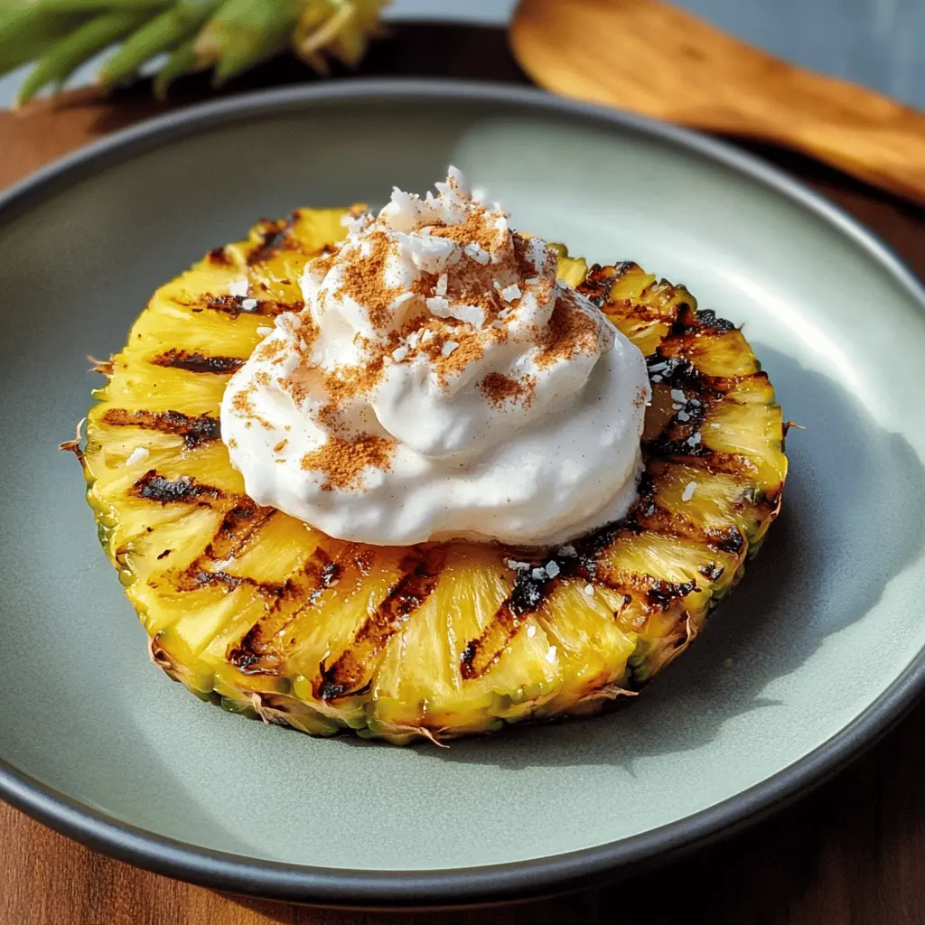 Sweet and smoky grilled pineapple pairs perfectly with light and fluffy coconut cinnamon whipped cream. This refreshing dessert is perfect for summer BBQs or tropical-themed parties! Easy to make and full of flavor, it's a treat everyone will love. Save this delicious recipe for your next gathering and impress your guests with this delightful twist on a classic dessert!