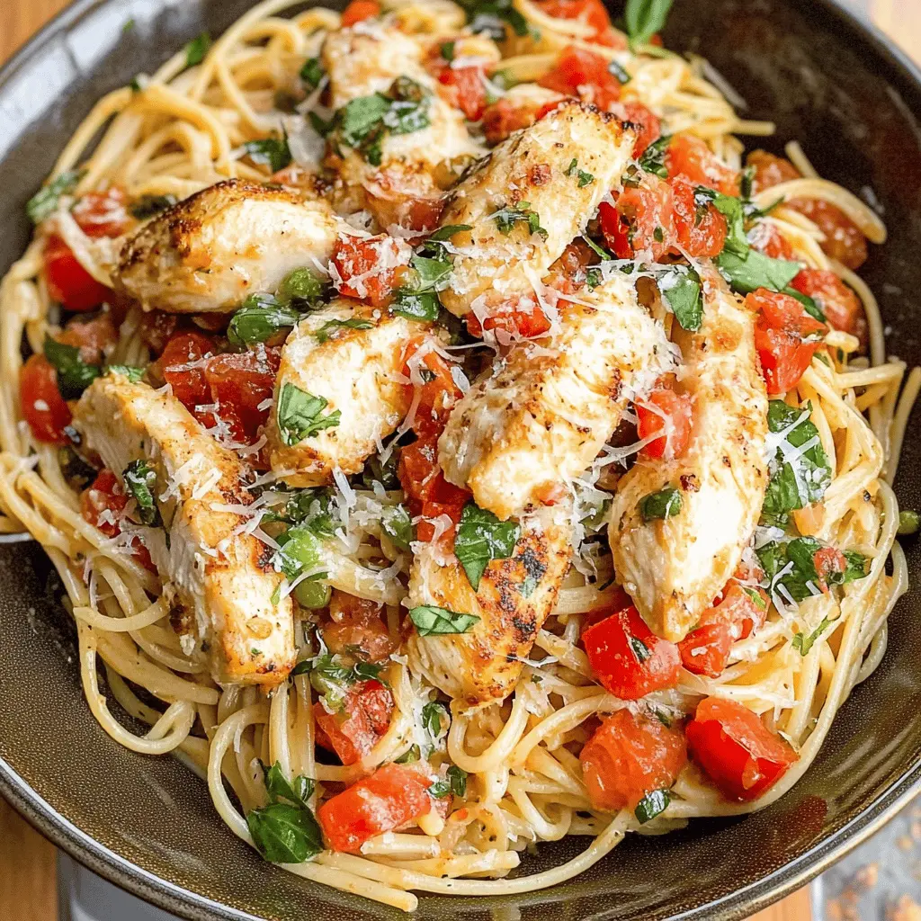 Get ready to enjoy a fresh and vibrant Bruschetta Chicken Pasta that brings the flavors of Italy to your table! This dish features juicy chicken, ripe tomatoes, and fragrant basil tossed with al dente pasta for a delightful meal. Perfect for weeknight dinners or entertaining guests. Save this recipe for a flavorful, quick-to-make dinner that everyone will love!