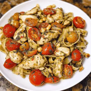 This Chicken Pesto Pasta is a delightful mix of tender chicken, fresh tomatoes, and crunchy pine nuts all tossed in vibrant pesto. Quick to prepare and bursting with flavor, it's perfect for busy weeknights or a cozy dinner with friends. Save this recipe for an easy meal that impresses every time! Enjoy it on a sunny day or with loved ones gathered around the table.