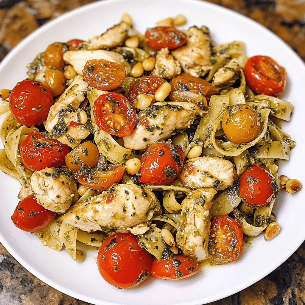 This Chicken Pesto Pasta is a delightful mix of tender chicken, fresh tomatoes, and crunchy pine nuts all tossed in vibrant pesto. Quick to prepare and bursting with flavor, it's perfect for busy weeknights or a cozy dinner with friends. Save this recipe for an easy meal that impresses every time! Enjoy it on a sunny day or with loved ones gathered around the table.