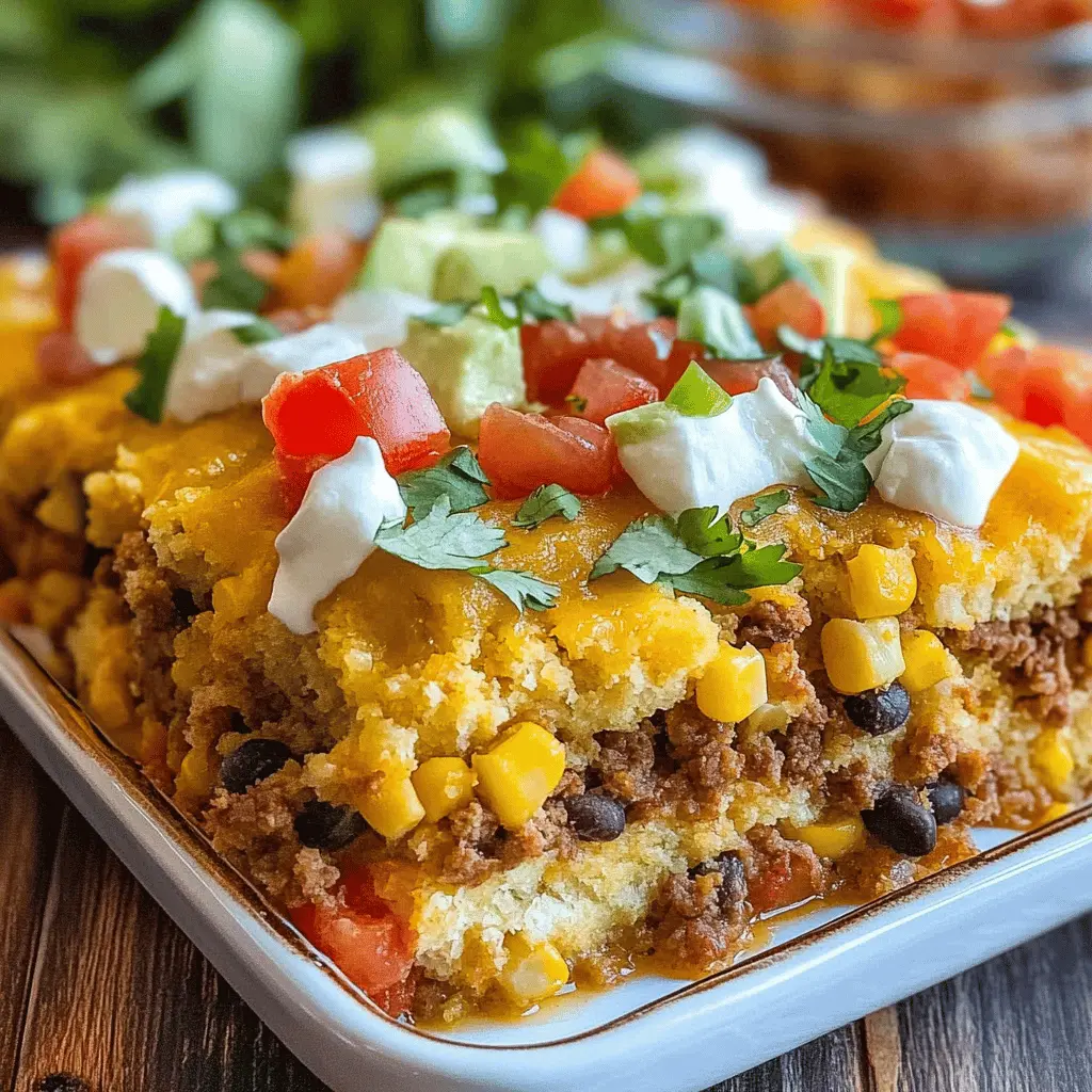 Turn your dinner into a fiesta with this easy Cornbread Taco Bake! This delicious dish combines layers of seasoned ground beef, zesty taco sauce, and fluffy cornbread, creating the perfect meal for busy weeknights or taco night gatherings. Save this recipe for a fun family dinner or potluck, and enjoy the hearty flavors everyone will love!