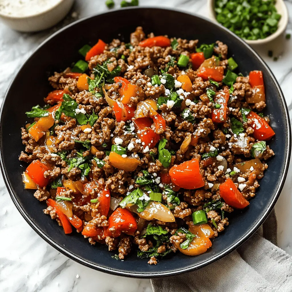 Looking for a quick and tasty dinner idea? This Mediterranean Ground Beef Stir Fry mixes seasoned ground beef with fresh veggies, bringing a burst of flavor to your plate. Packed with garlic, herbs, and a hint of lemon, it's perfect for busy weeknights. Save this recipe for a delightful meal any time!