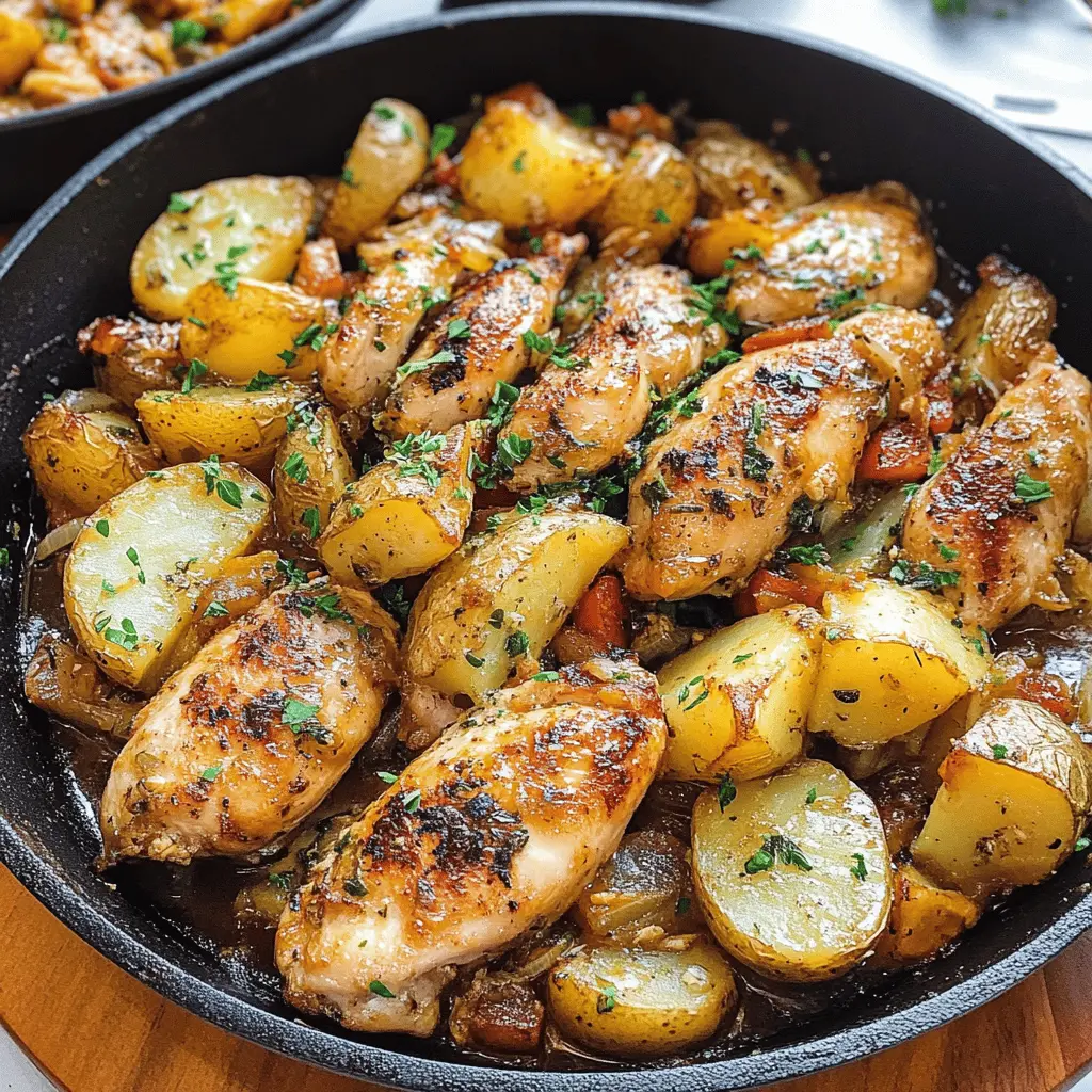 Satisfy your hunger with this delicious Garlic Butter Chicken and Potatoes Skillet! This one-pan meal features tender chicken breasts paired with golden crispy potatoes, all smothered in a rich garlic butter sauce. Perfect for weeknight dinners or cozy gatherings. Save this easy recipe to enjoy a flavorful dinner any day of the week!