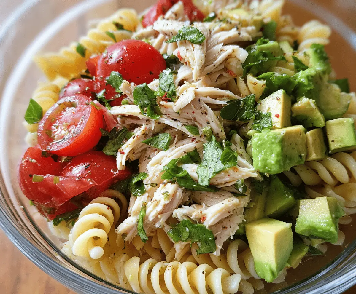 Healthy Chicken Pasta Salad with Avocado and Tomato