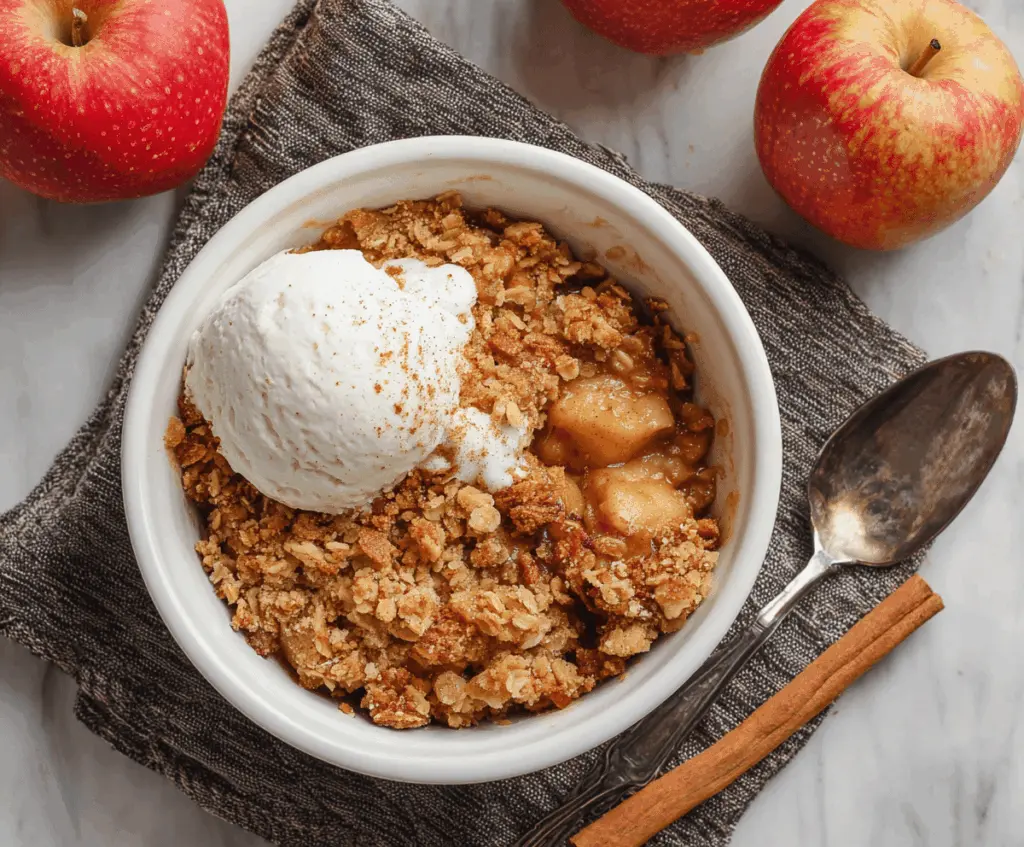 Delicious homemade air fryer apple crisp with golden topping and tender apple filling on a plate