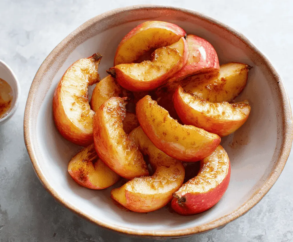 Delicious crispy air fryer apples garnished with cinnamon and served as a healthy snack or dessert