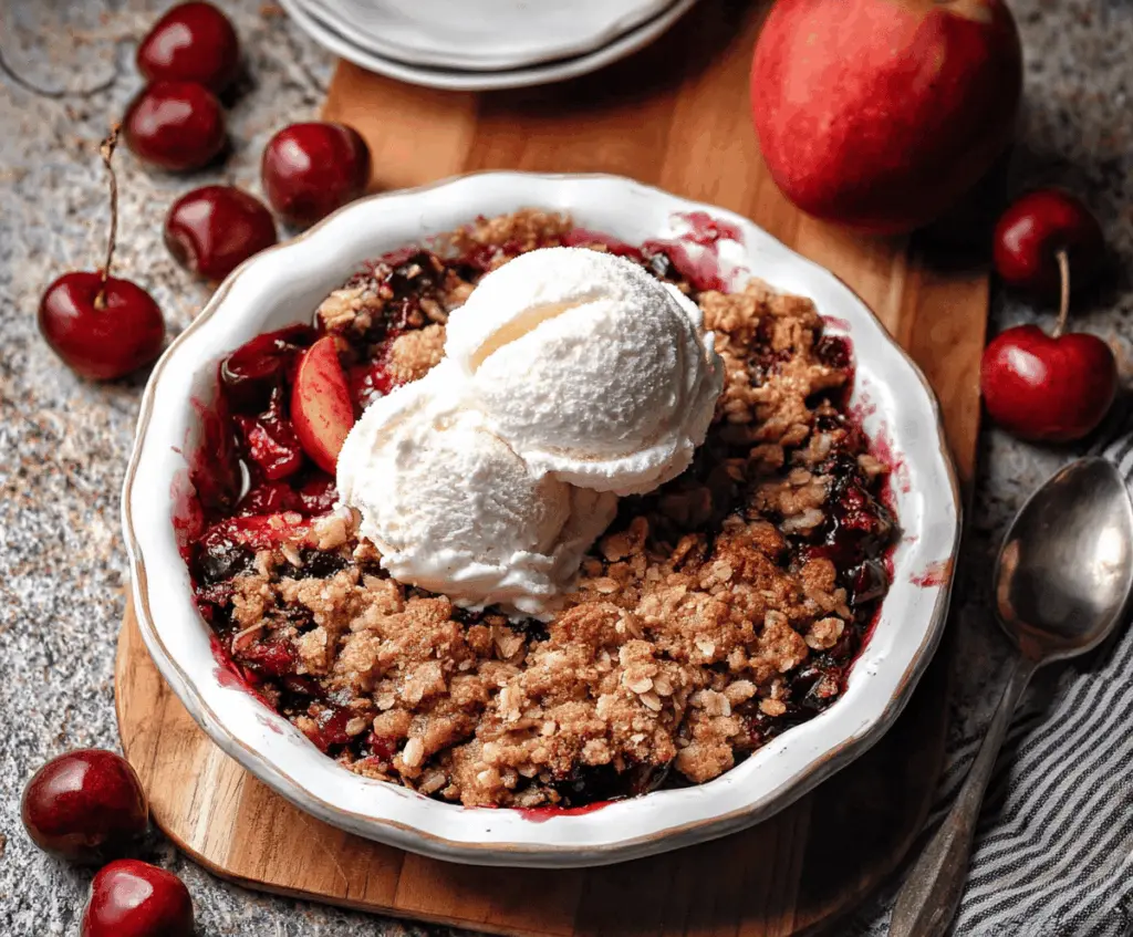 Delicious homemade apple cherry crisp topped with golden brown crumble served in a baking dish, perfect for dessert or fall celebrations