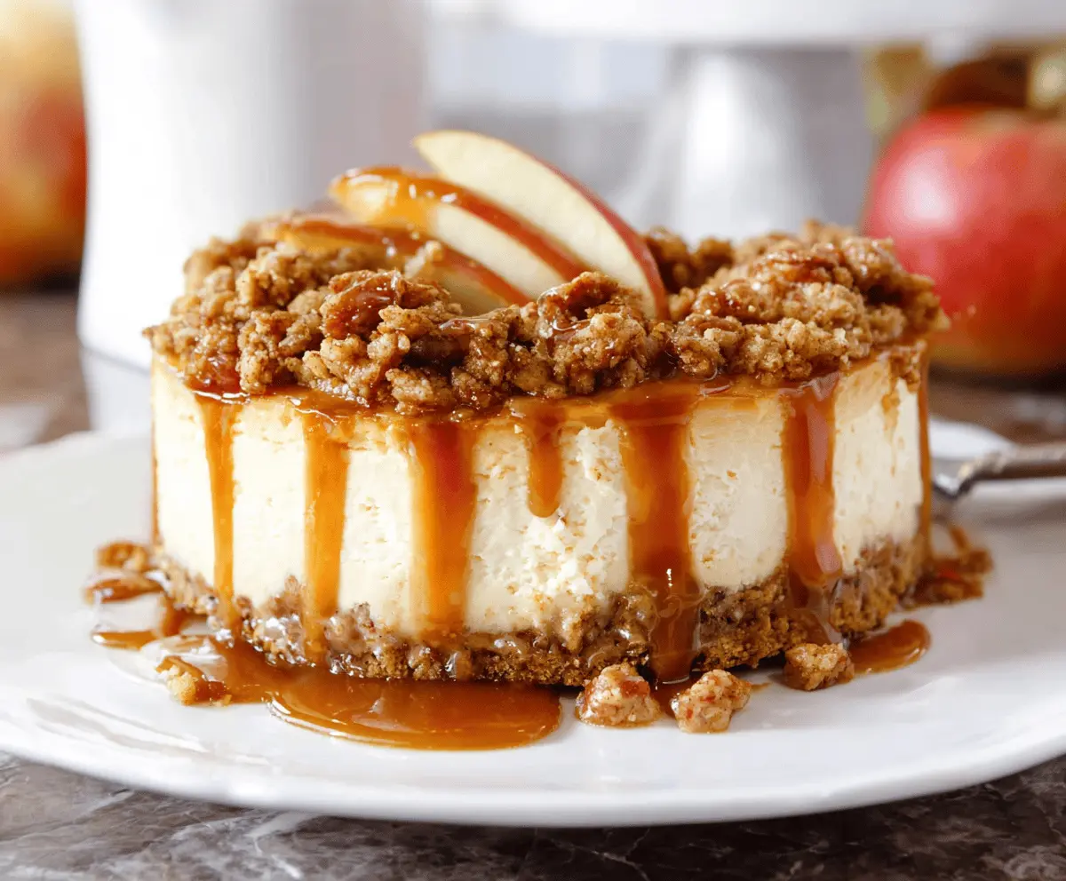 Delicious apple crisp cheesecake topped with cinnamon-spiced apple slices and crunchy streusel crumble, perfect for dessert lovers.