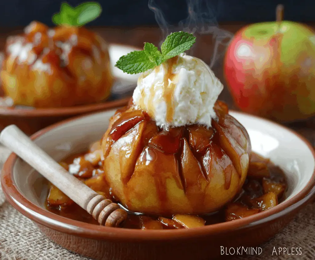 Delicious baked Bloomin’ Apples garnished with cinnamon and sugar, served as a warm dessert.