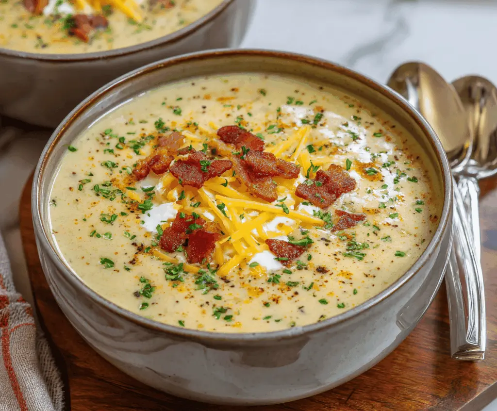 Creamy baked potato soup topped with shredded cheese and chopped green onions in a white bowl on a rustic wooden table