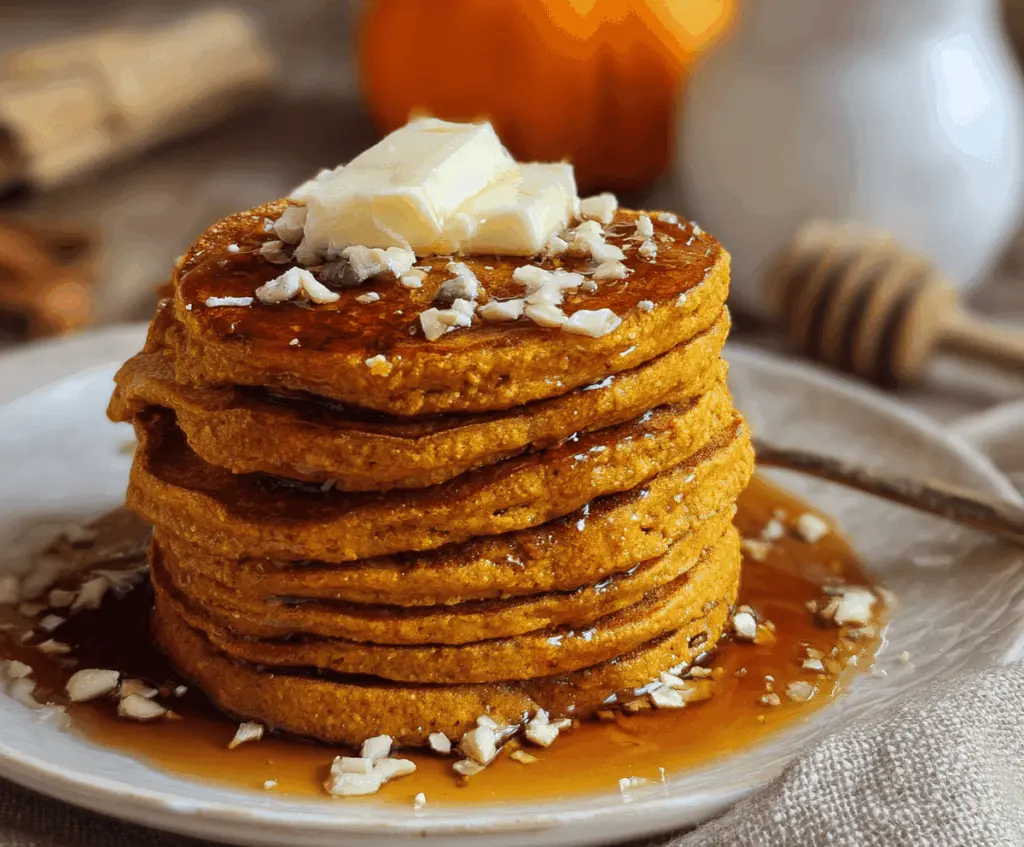 Creamy blender pumpkin pancakes topped with maple syrup and fresh fruit, ready to serve for breakfast