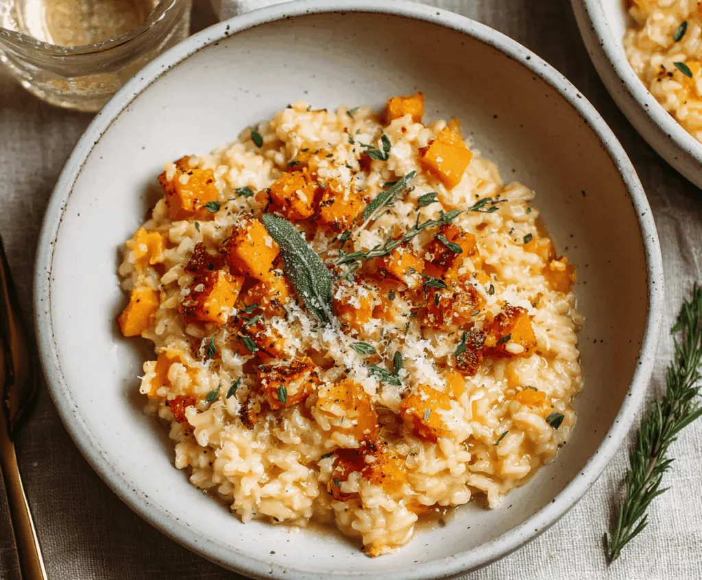 Creamy butternut squash risotto garnished with fresh herbs in a white bowl, perfect for a cozy, autumn-inspired meal.