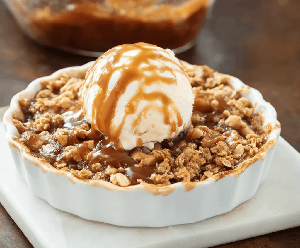 Delicious caramel apple crisp topped with golden brown crumble and drizzled with caramel sauce on a rustic plate