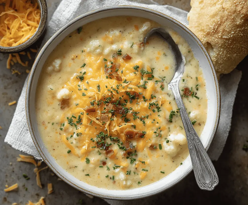 Creamy Cheddar Cauliflower Soup served in a bowl with fresh herbs, perfect for a cozy and healthy meal.