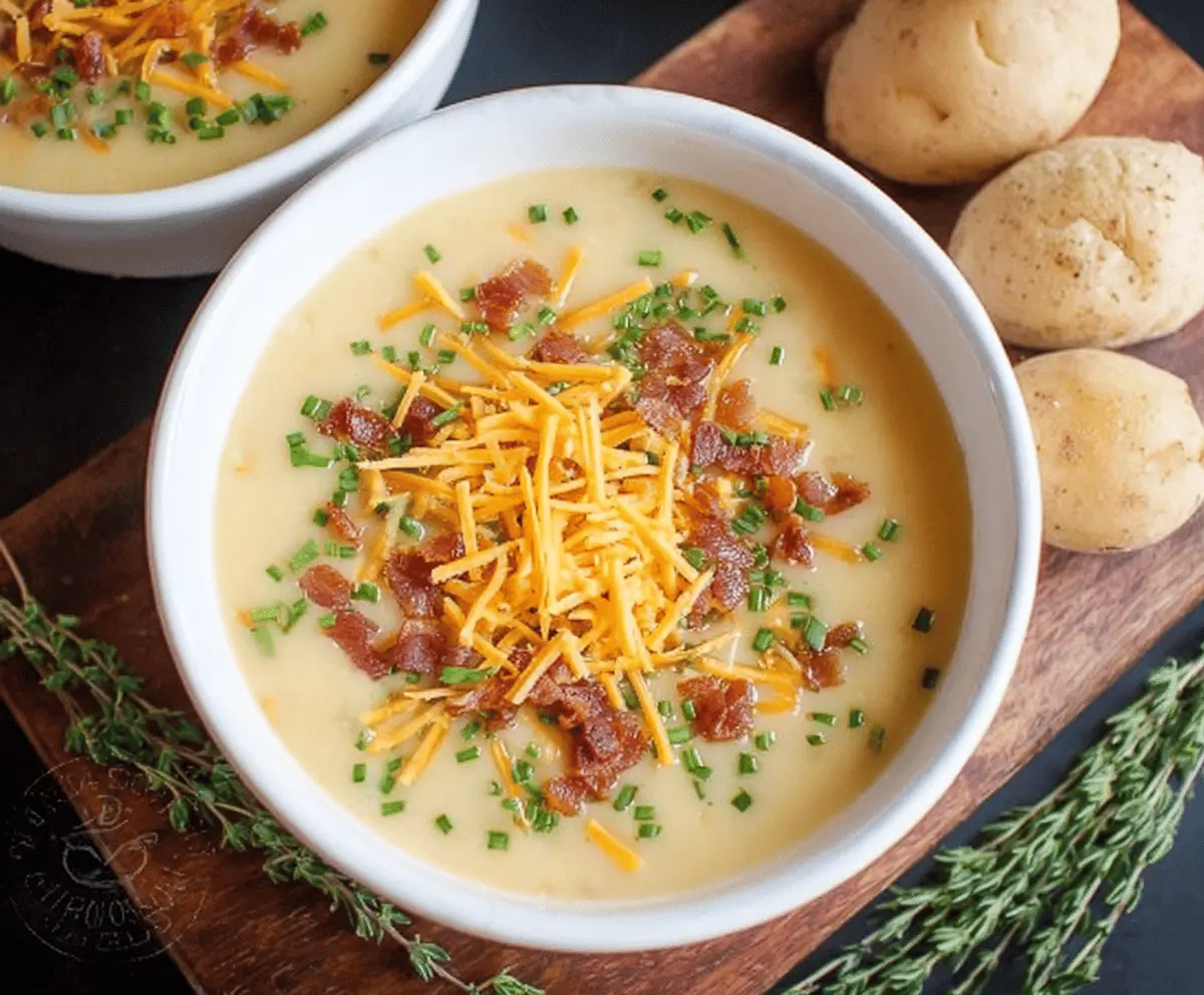 Creamy cheddar potato soup served in a bowl with chopped chives and crispy bacon on top, perfect for a cozy meal.