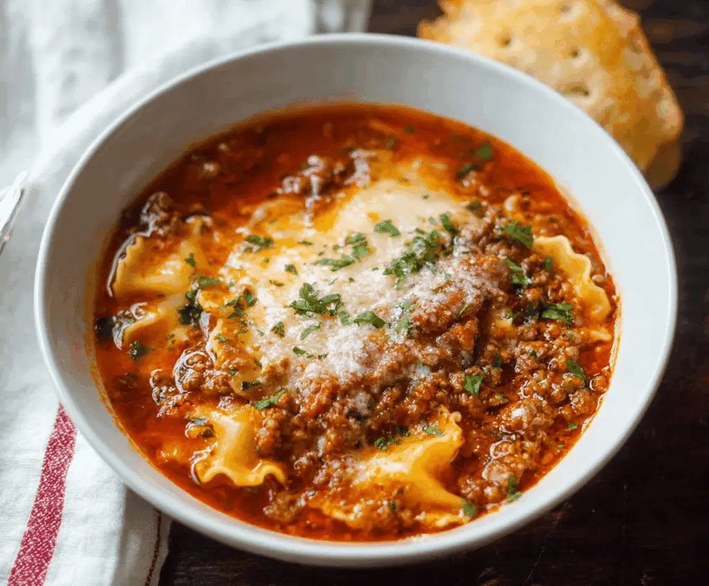 A bowl of cheesy ground beef lasagna soup topped with melted cheese, fresh herbs, and served with garlic bread on the side.