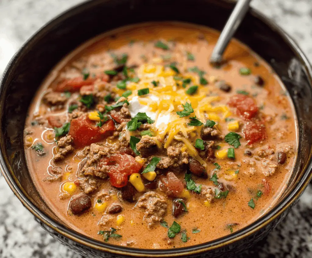 A bowl of Cheesy Ground Beef Taco Soup topped with shredded cheese, fresh cilantro, and diced tomatoes, served with tortilla chips on the side.