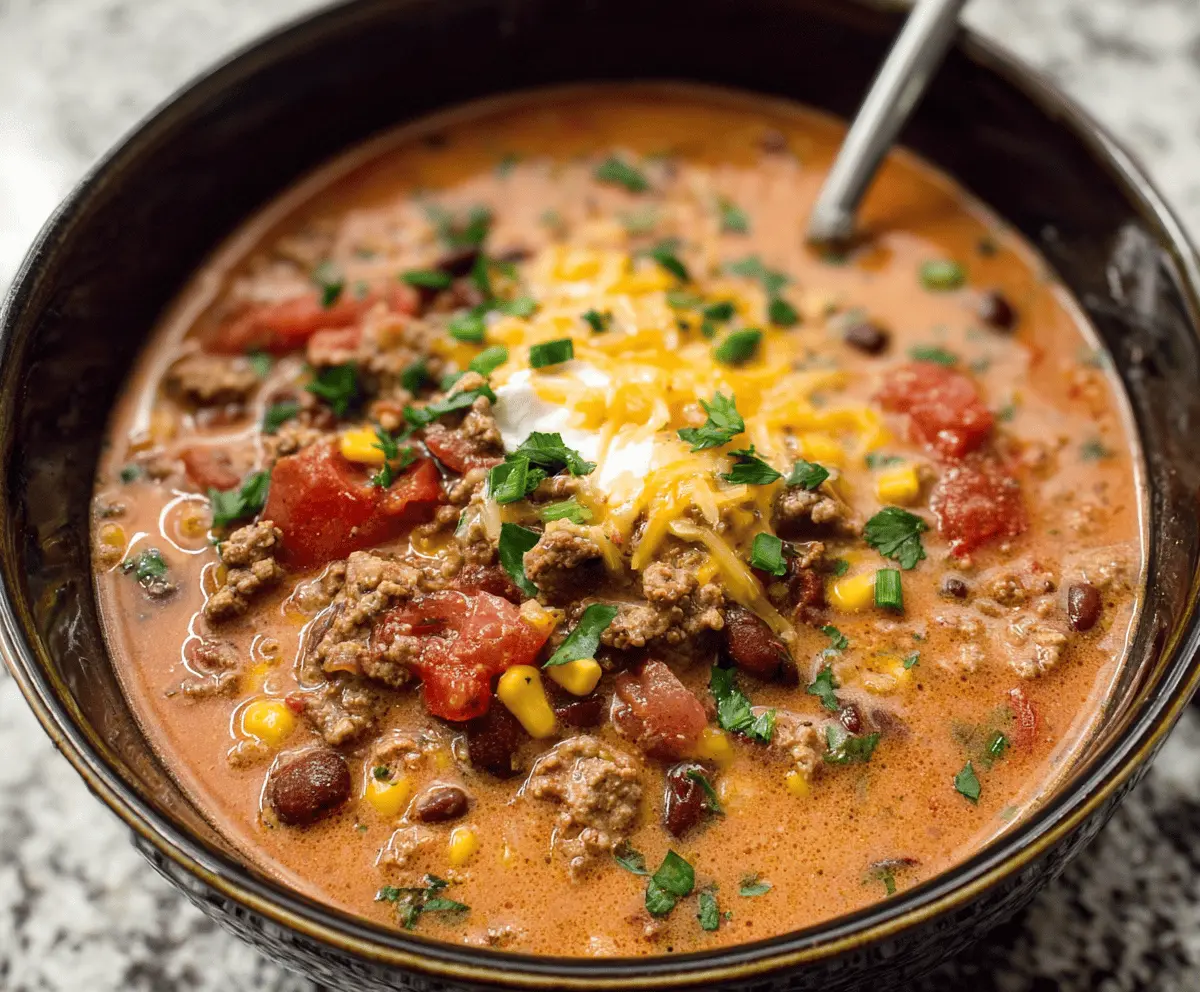 A bowl of Cheesy Ground Beef Taco Soup topped with shredded cheese, fresh cilantro, and diced tomatoes, served with tortilla chips on the side.