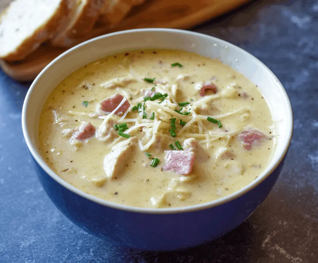 Creamy Chicken Cordon Bleu Soup with tender chicken, ham, Swiss cheese, and breaded croutons in a comforting broth