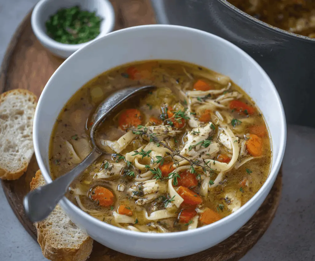 Hearty chicken noodle soup with fresh vegetables in a bowl, perfect for comforting meals.