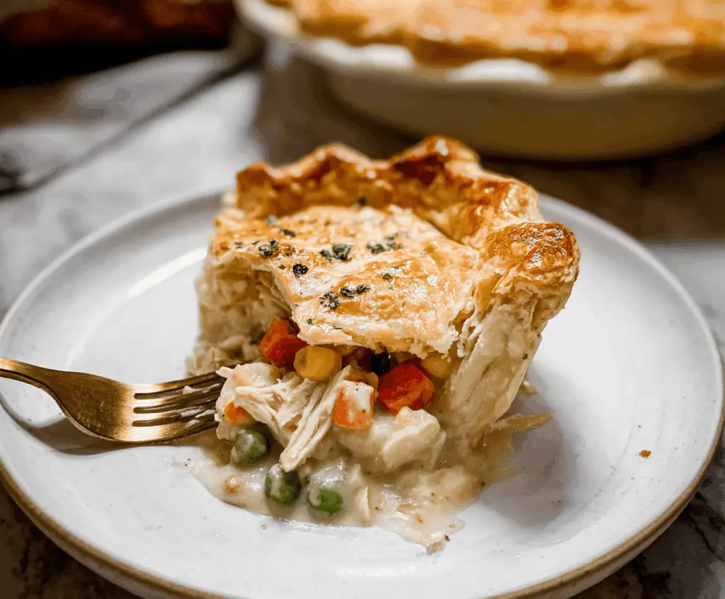 Delicious homemade chicken pot pie topped with golden, flaky crust and filled with tender chicken, vegetables, and savory gravy