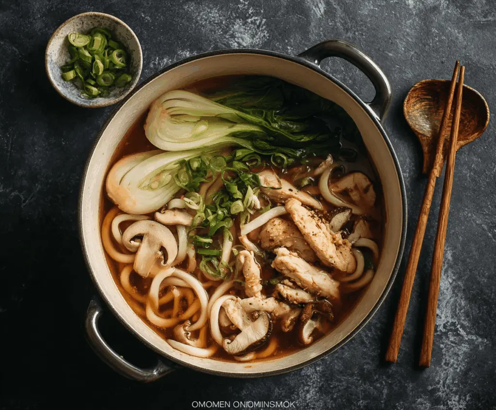 Hearty Chicken Udon Noodle Soup in a bowl with tender chicken, thick udon noodles, and fresh vegetables, perfect for a comforting meal