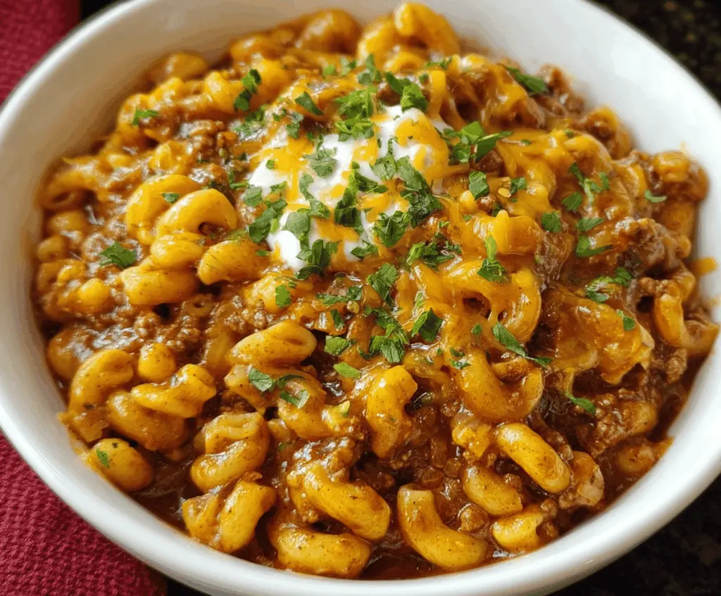 Delicious homemade chili mac with melted cheese, beef, beans, and pasta served in a bowl for a hearty comfort meal