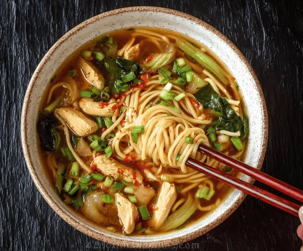 Delicious Chinese Chicken Noodle Soup with tender chicken, noodles, and fresh vegetables in a flavorful broth