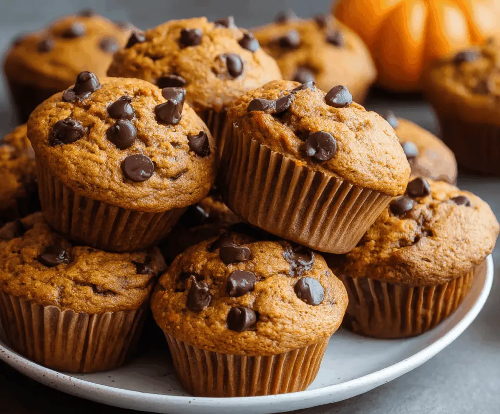 Delicious homemade chocolate chip pumpkin muffins on a plate, featuring moist pumpkin batter with chocolate chips, perfect for fall treats.