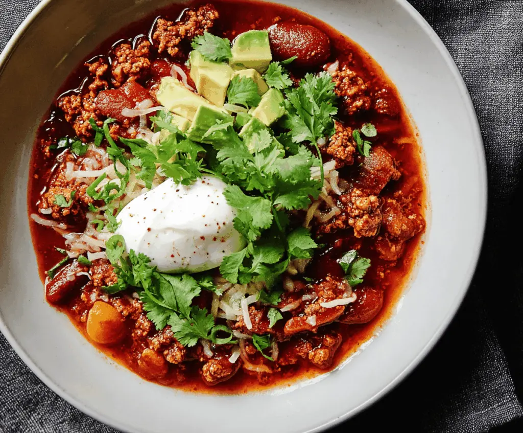 Spicy Chorizo Chili served in a bowl with garnishes, featuring chunks of chorizo sausage, beans, and chili peppers