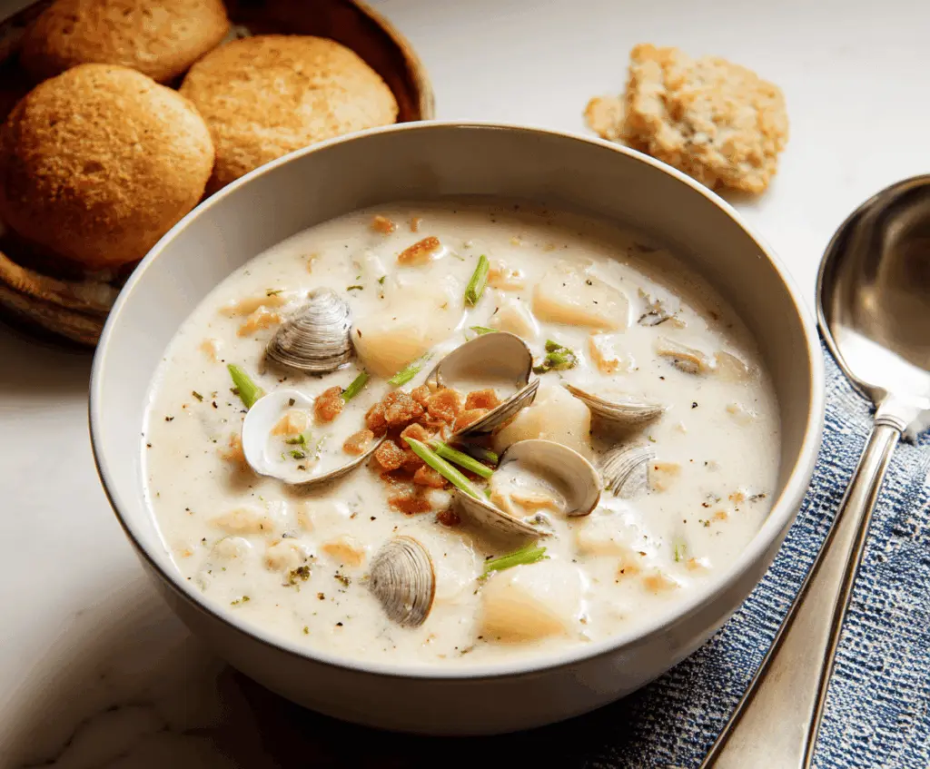 Creamy clam chowder served in a bowl with fresh herbs and oyster crackers, perfect for a comforting seafood meal.
