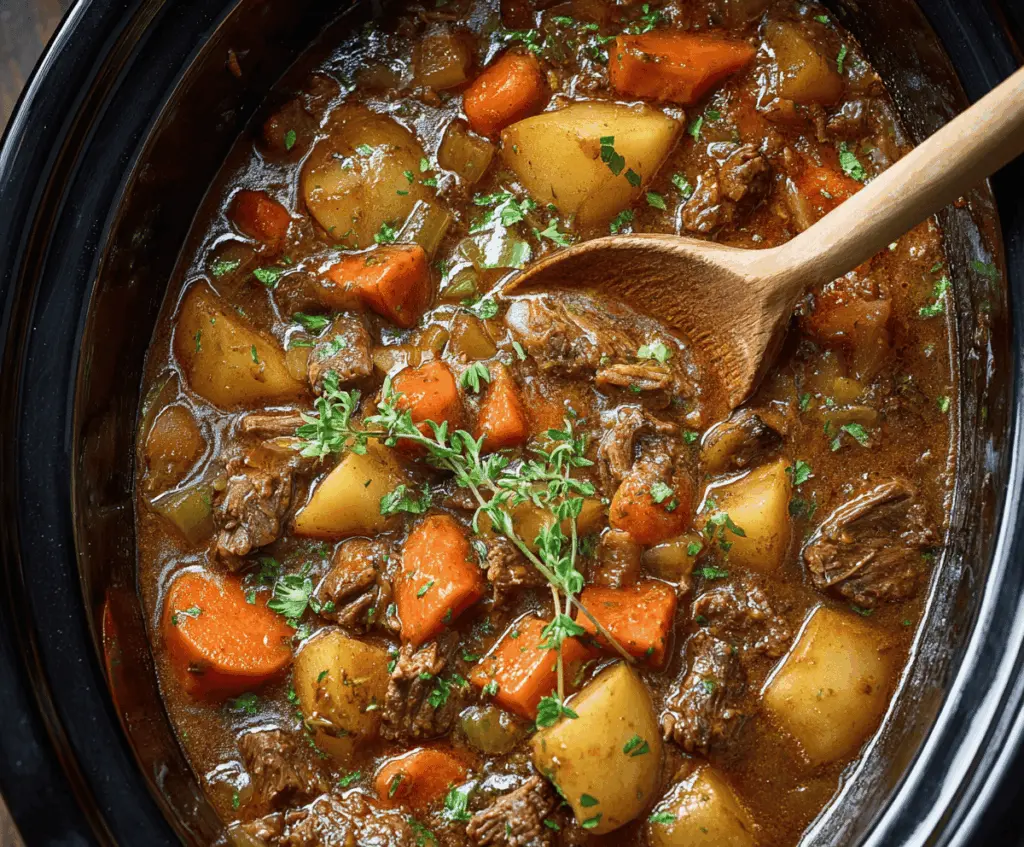 Hearty Crockpot Beef Stew with tender beef, carrots, potatoes, and vegetables in a rich, savory broth