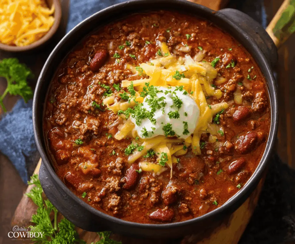 Hearty cowboy chili with beef, beans, tomatoes, and spices served in a rustic bowl for a flavorful meal