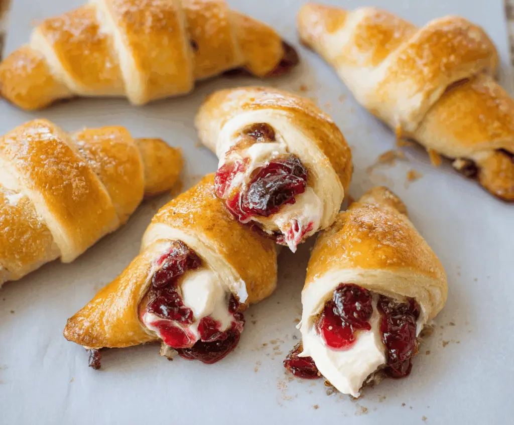 Delicious cranberry cream cheese crescent rolls fresh from the oven, featuring flaky golden pastry filled with creamy cheese and tangy cranberry filling.