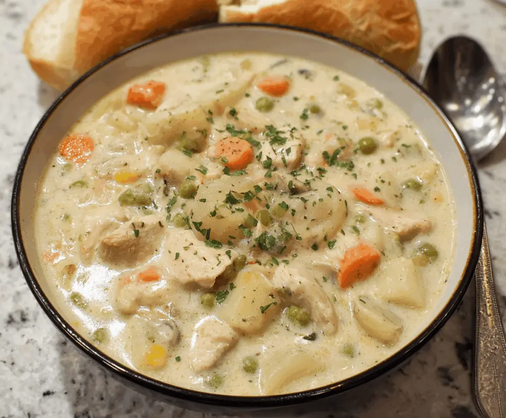 Creamy Chicken Maryland Soup featuring tender chicken, fresh vegetables, and a rich, savory broth served in a bowl