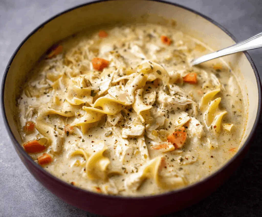 A steaming bowl of creamy chicken noodle soup garnished with fresh herbs and vegetables, showcasing tender chicken, noodles, and a rich, velvety broth.