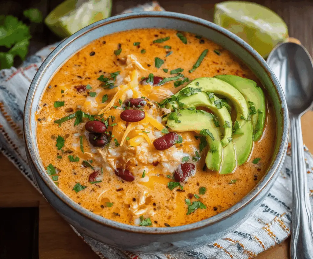 A bowl of creamy enchilada soup garnished with shredded cheese, cilantro, and a dollop of sour cream, served with tortilla chips on the side.