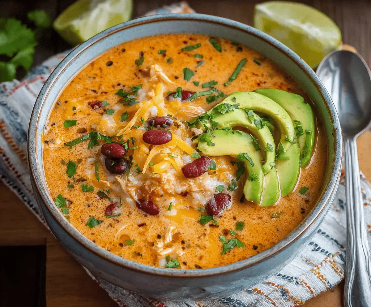 A bowl of creamy enchilada soup garnished with shredded cheese, cilantro, and a dollop of sour cream, served with tortilla chips on the side.