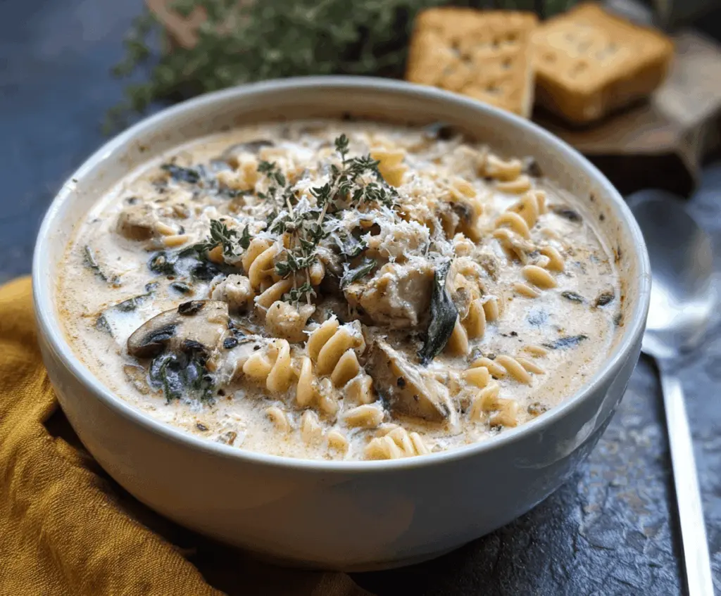 Creamy Mushroom Lasagna Soup in a bowl topped with fresh basil and melted cheese, featuring layers of mushrooms, pasta, and rich creamy broth.