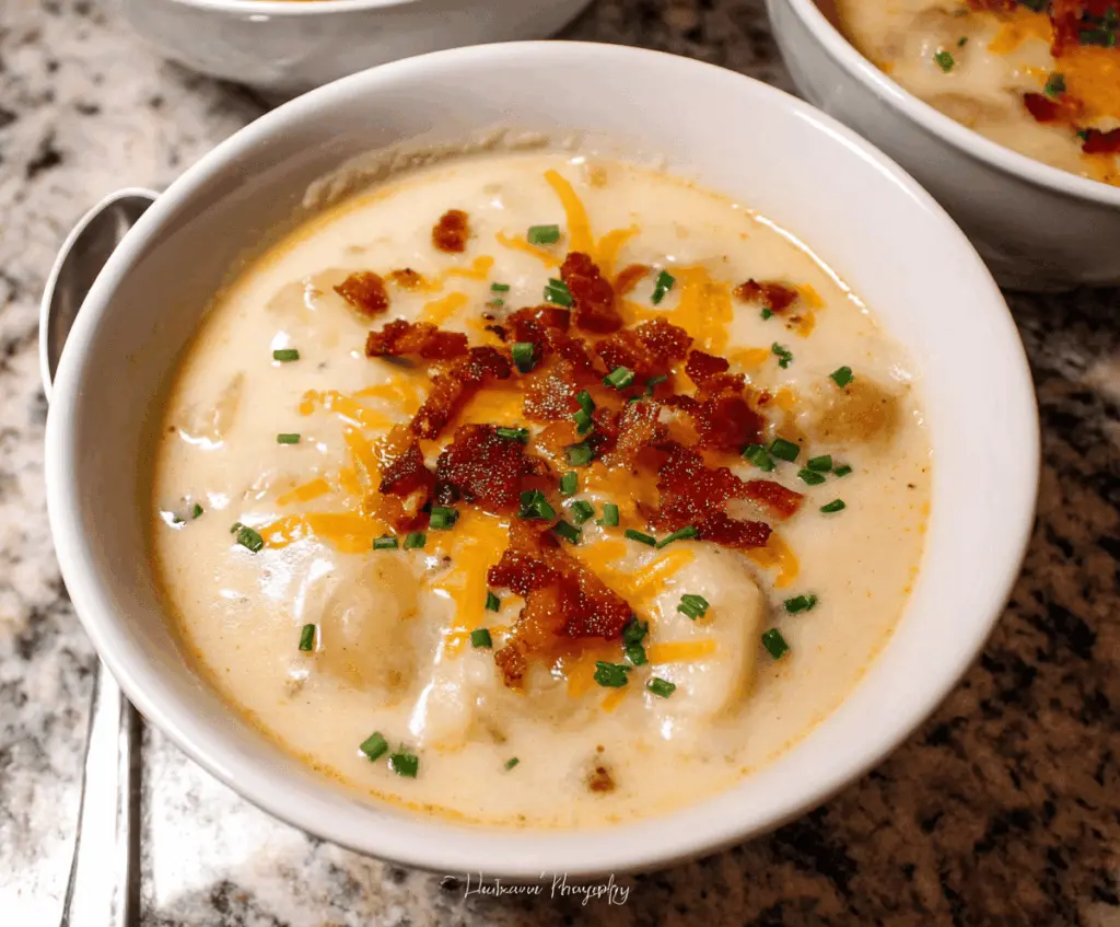 A bowl of creamy potato soup garnished with chopped herbs and served with crusty bread on the side.
