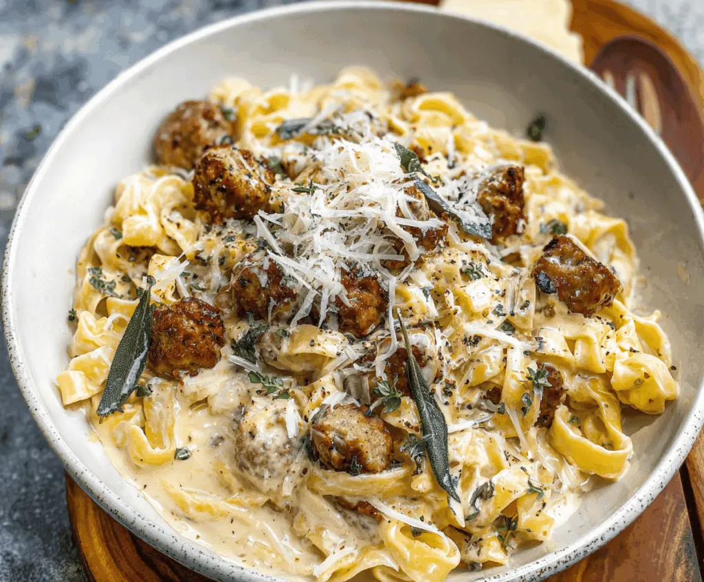 Delicious creamy sausage Alfredo pasta served in a white bowl topped with herbs, showcasing a rich and savory sausage Alfredo recipe.