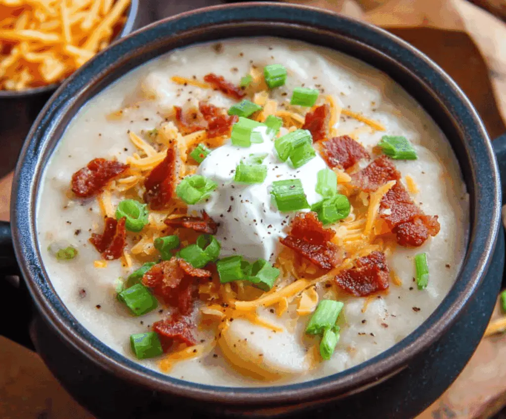 Creamy Crockpot Baked Potato Soup in a bowl with toppings, ready to serve