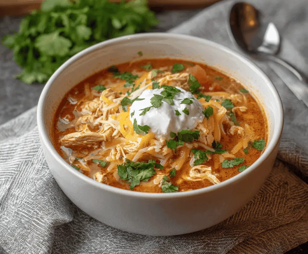 Delicious Crockpot Keto Chicken Taco Soup in a bowl with shredded chicken, tomatoes, cheese, and fresh herbs, ideal for low-carb meal prep