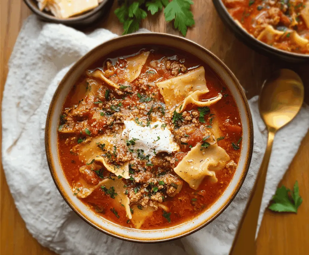A steaming bowl of dairy-free lasagna soup topped with fresh basil and melted dairy-free cheese, served with garlic bread on the side.