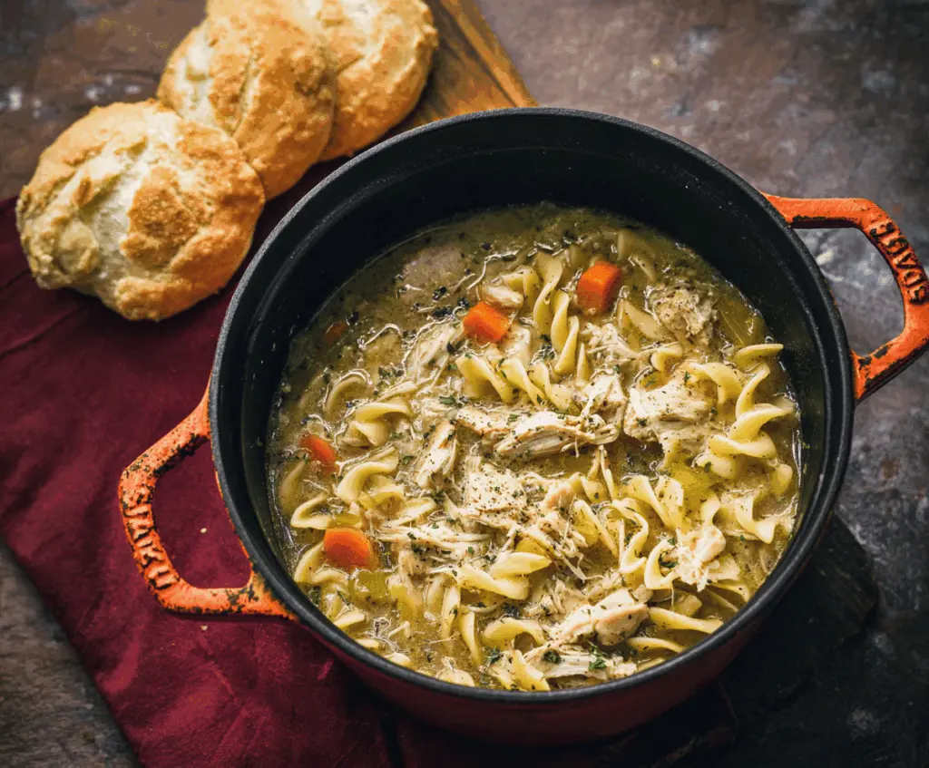 A steaming bowl of homemade Dutch Oven Chicken Noodle Soup with tender chicken, vibrant vegetables, and hearty noodles, served in a rustic pot with fresh herbs.