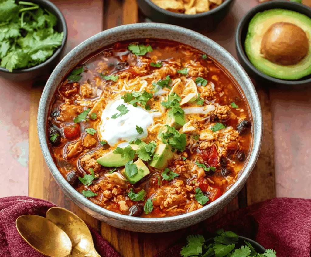 Spicy Enchilada Chili in a bowl topped with melted cheese and fresh cilantro, served with tortilla chips on the side