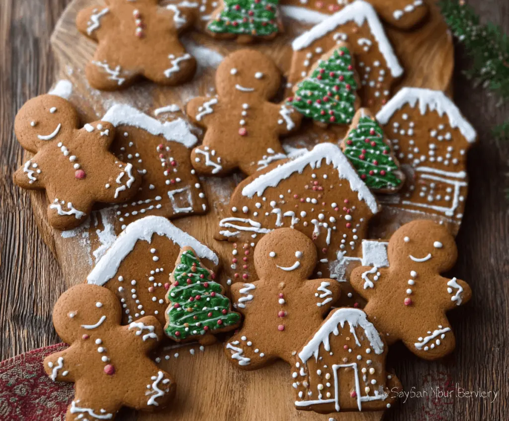 Delicious homemade gingerbread cookies decorated with white icing and colorful sprinkles, perfect for holiday celebrations.